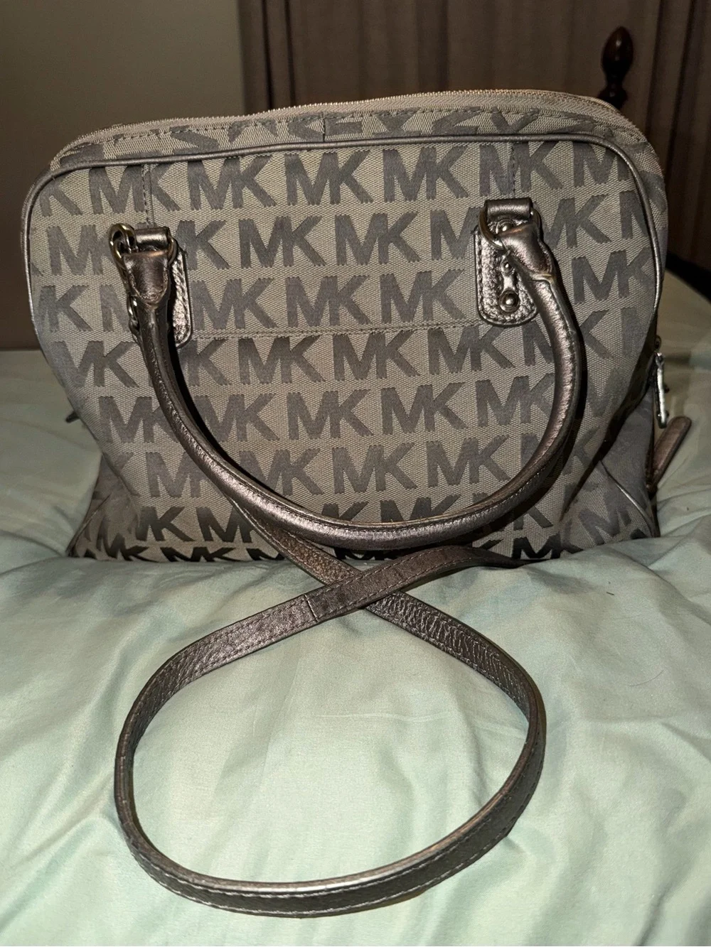 Michael Kors Gray MK Monogram Satchel with Metallic Handles